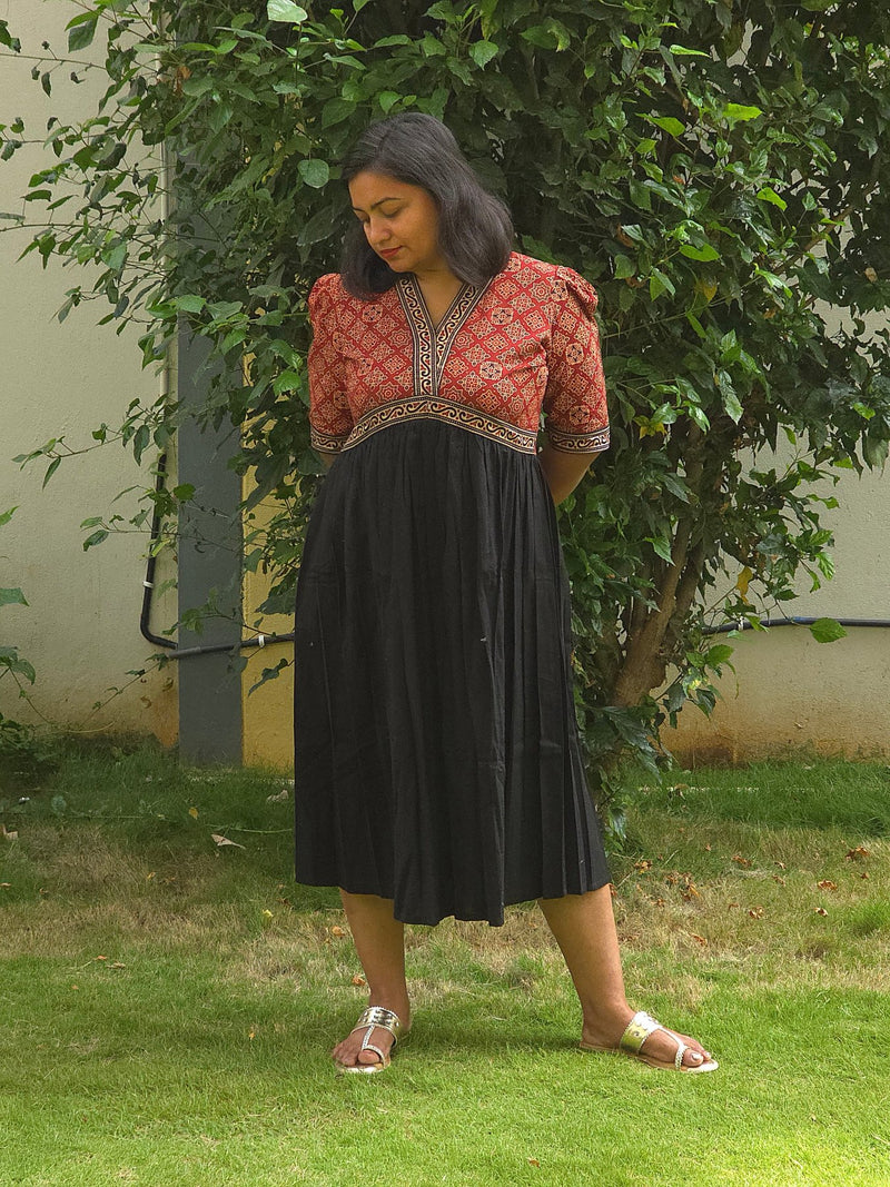 Black & Red V - Neck Alia Cut Dress with Handblock Floral Yoke - Oagh India
