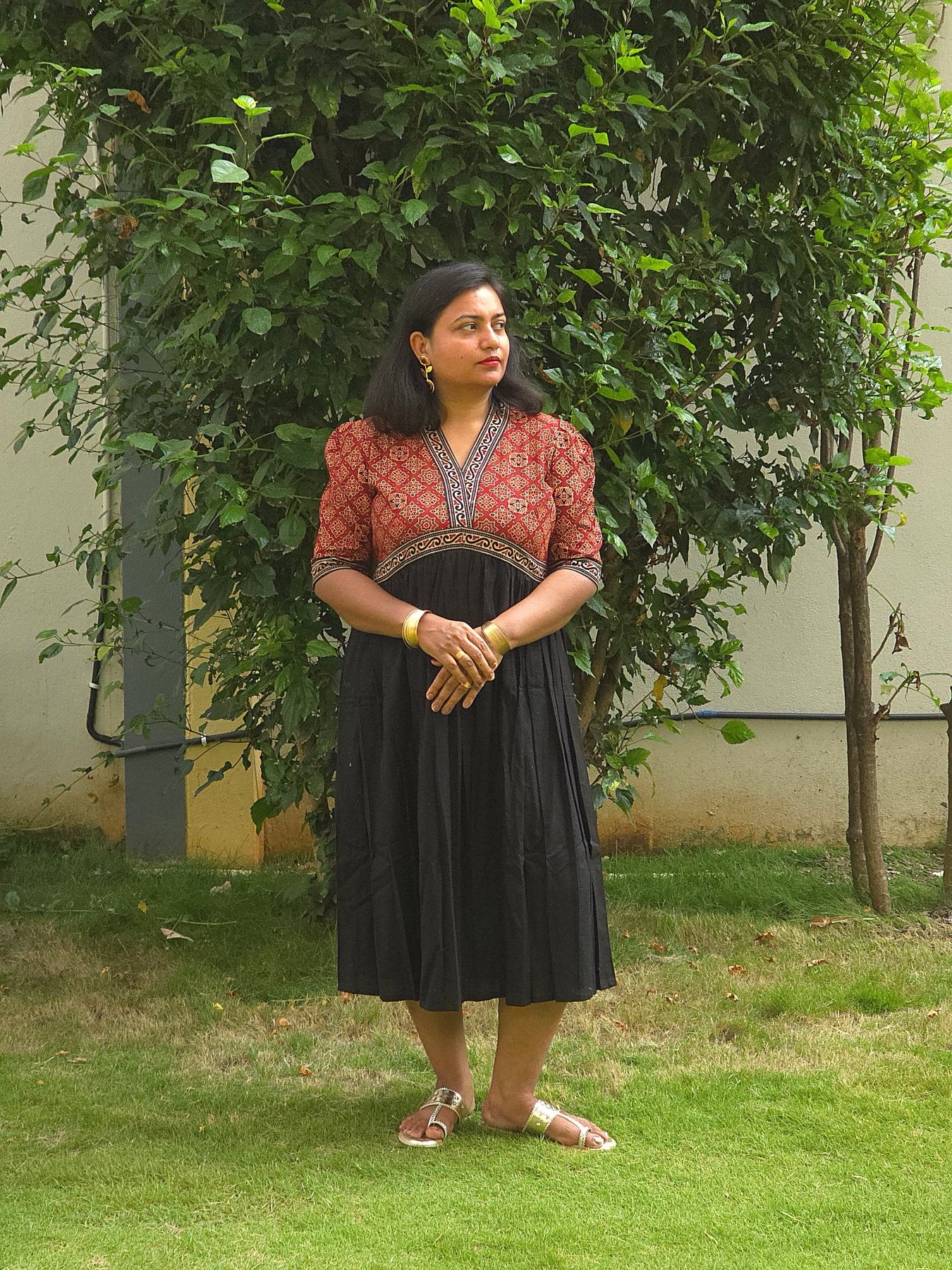 Black & Red V - Neck Alia Cut Dress with Handblock Floral Yoke - Oagh India