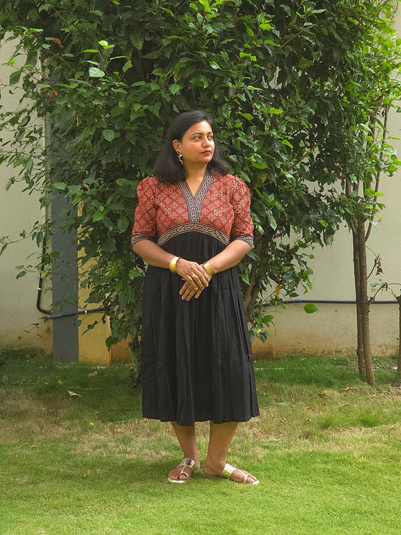 Black & Red V - Neck Alia Cut Dress with Handblock Floral Yoke - Oagh India