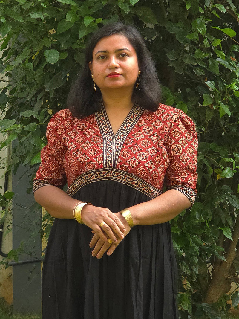 Black & Red V - Neck Alia Cut Dress with Handblock Floral Yoke - Oagh India