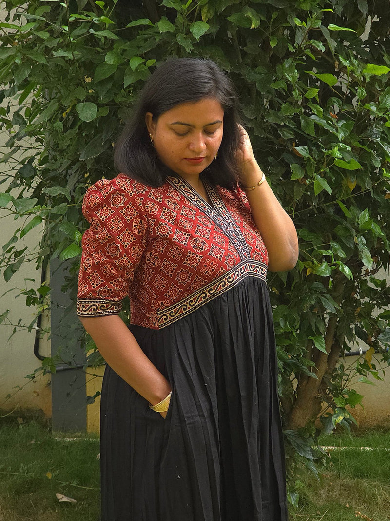 Black & Red V - Neck Alia Cut Dress with Handblock Floral Yoke - Oagh India