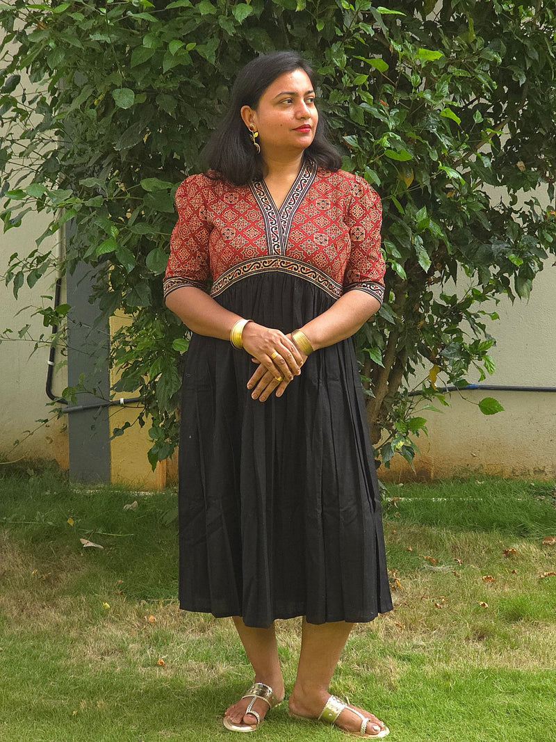 Black & Red V - Neck Alia Cut Dress with Handblock Floral Yoke - Oagh India