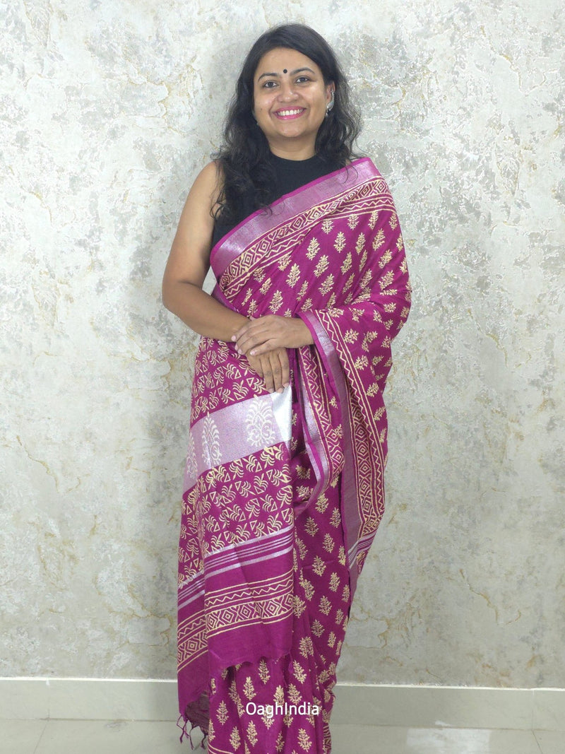 Blossom  : Bagru Handblocked Linen Cotton Saree