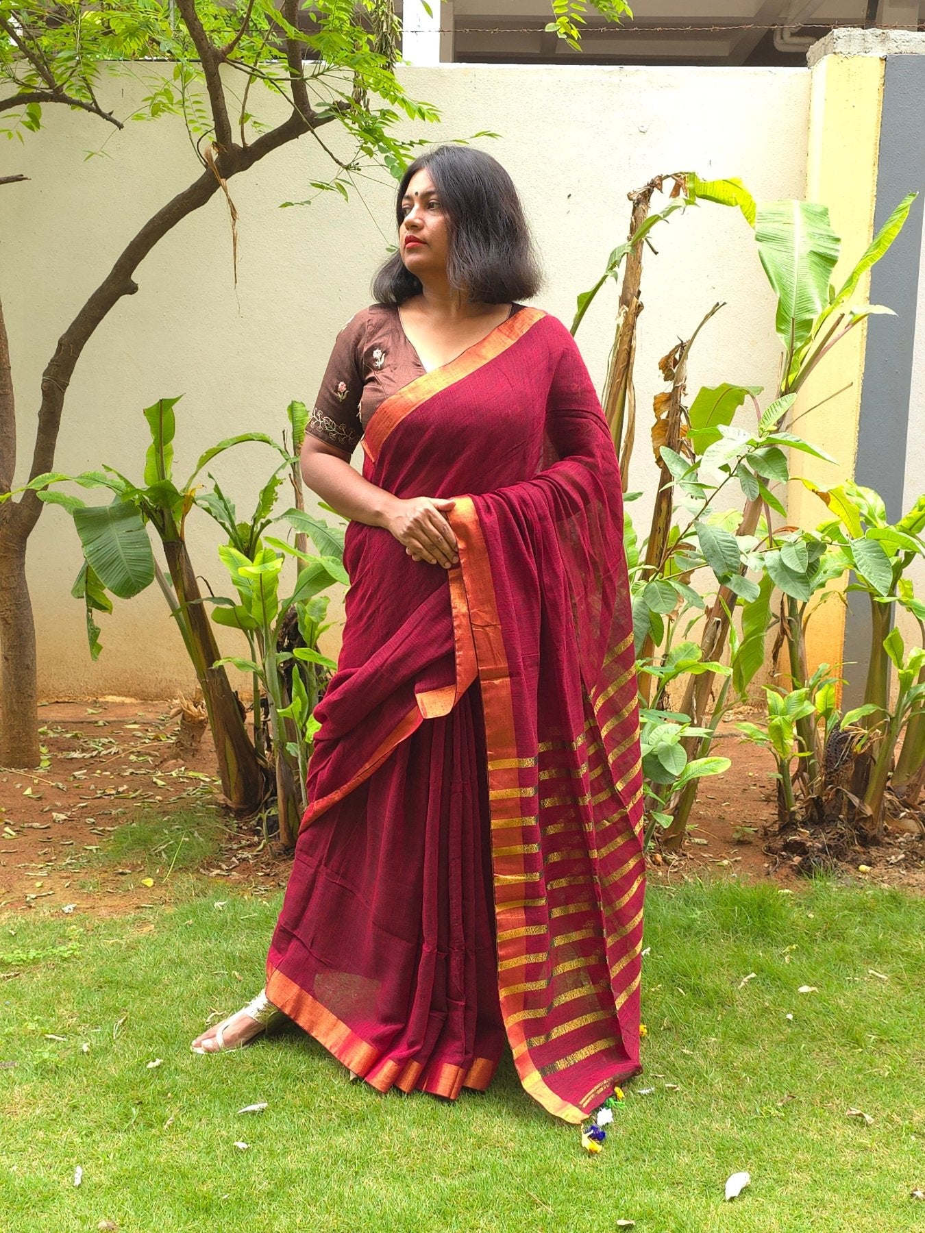 Bulbul - Maroon Linen Saree with Copper Zari border