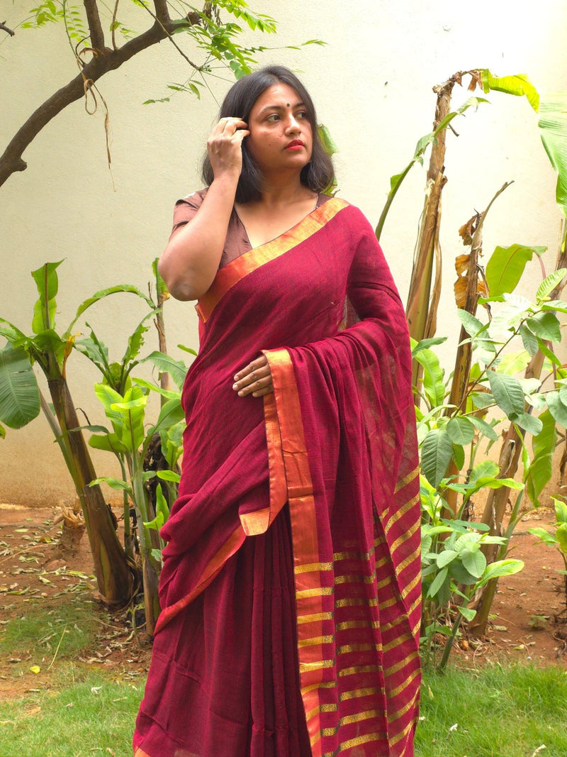 Bulbul - Maroon Linen Saree with Copper Zari border