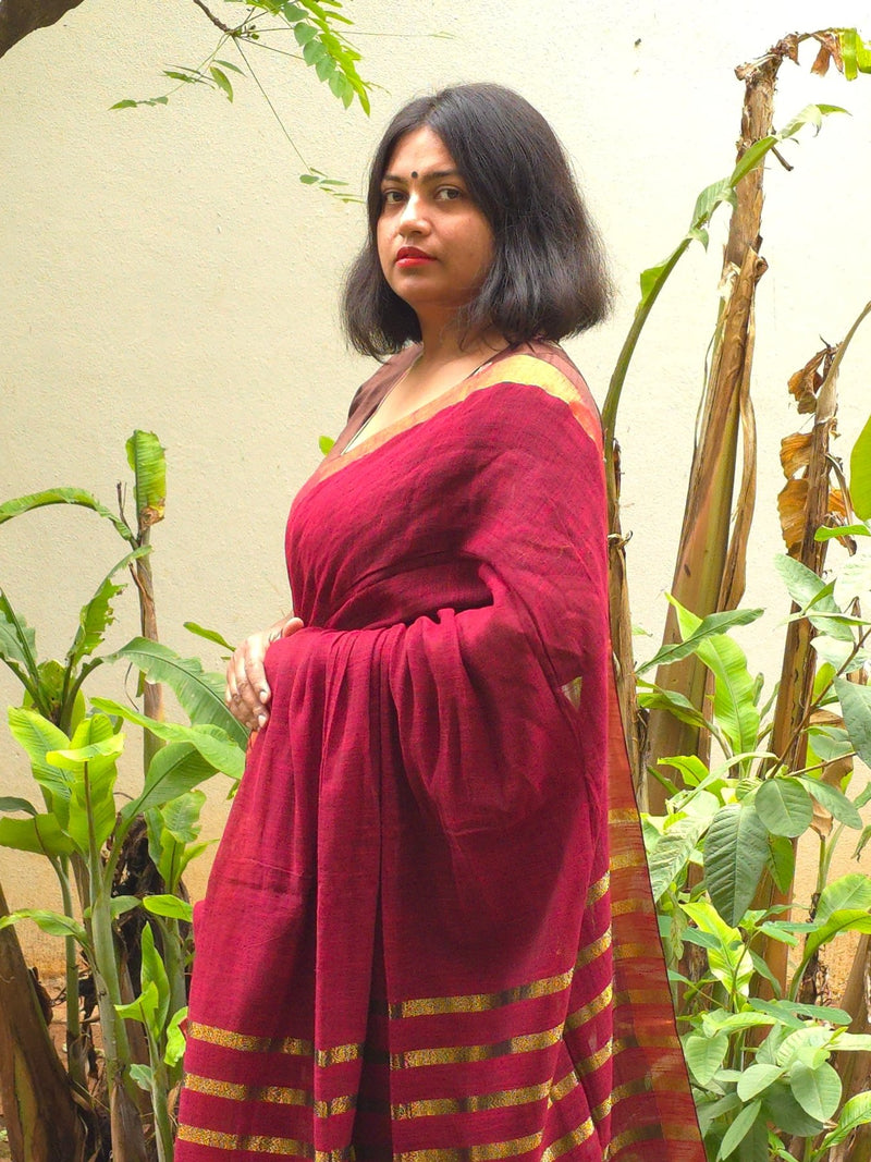 Bulbul - Maroon Linen Saree with Copper Zari border