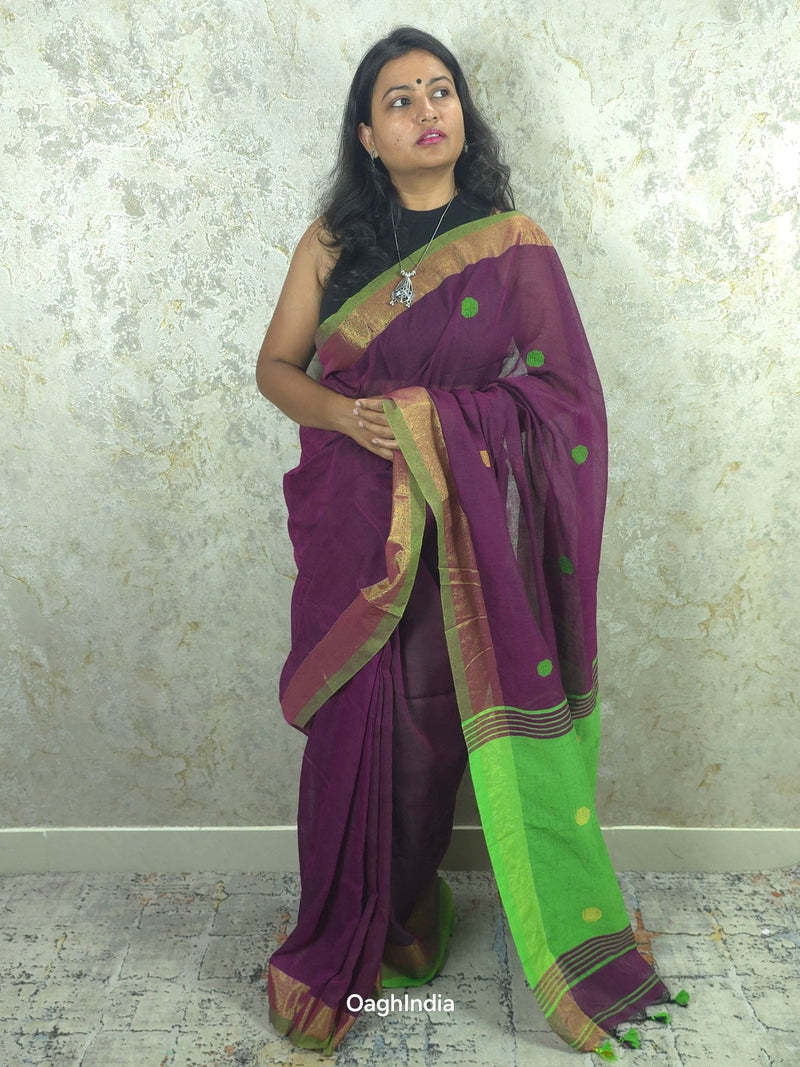 Candy : Beautiful handloom Maroon Cotton saree with Green Pallu