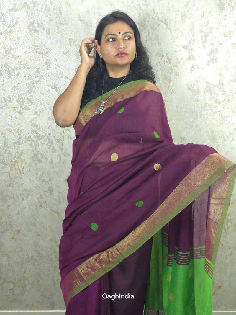 Candy : Beautiful handloom Maroon Cotton saree with Green Pallu