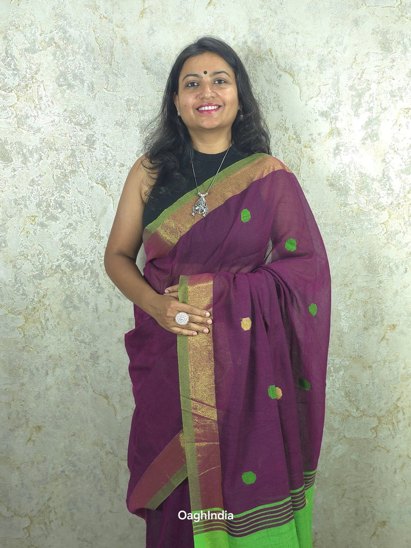 Candy : Beautiful handloom Maroon Cotton saree with Green Pallu