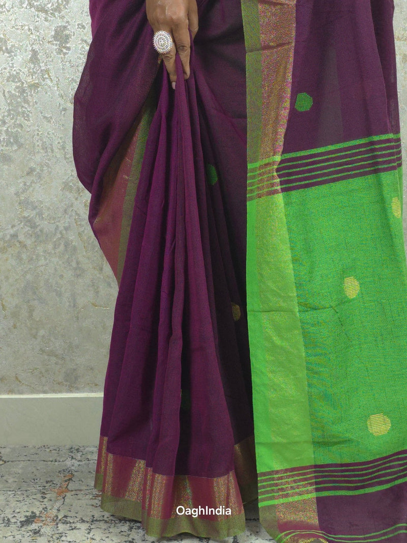 Candy : Beautiful handloom Maroon Cotton saree with Green Pallu