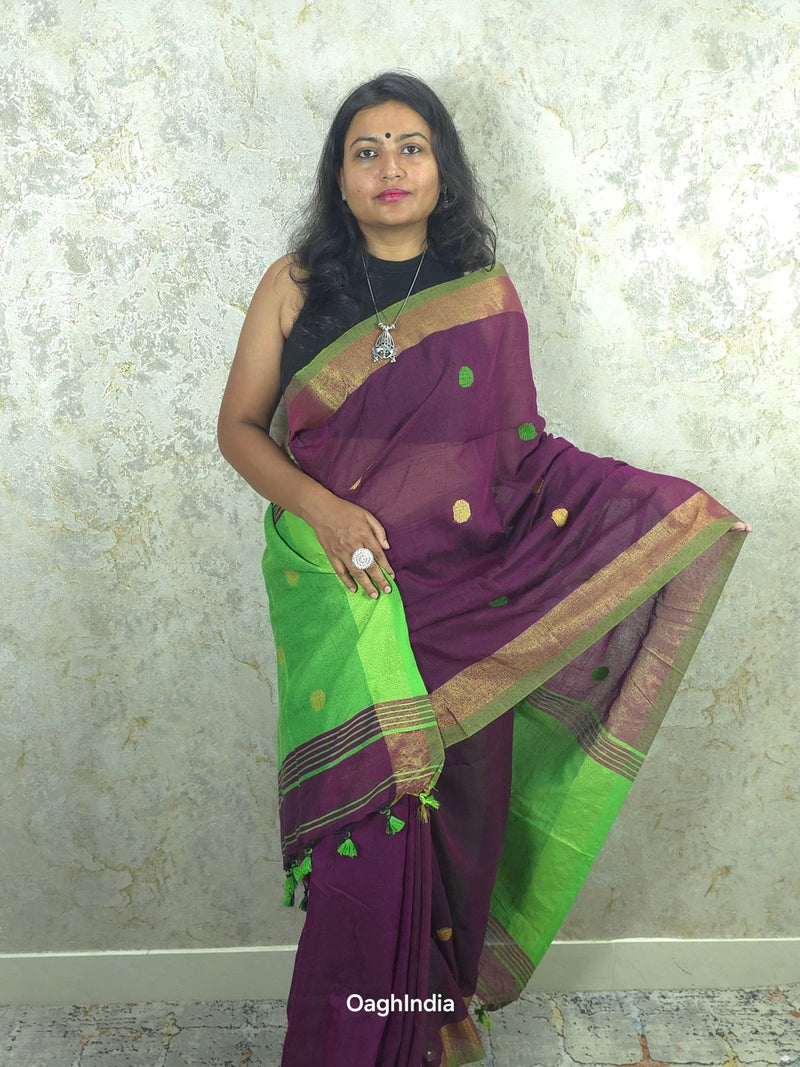 Candy : Beautiful handloom Maroon Cotton saree with Green Pallu