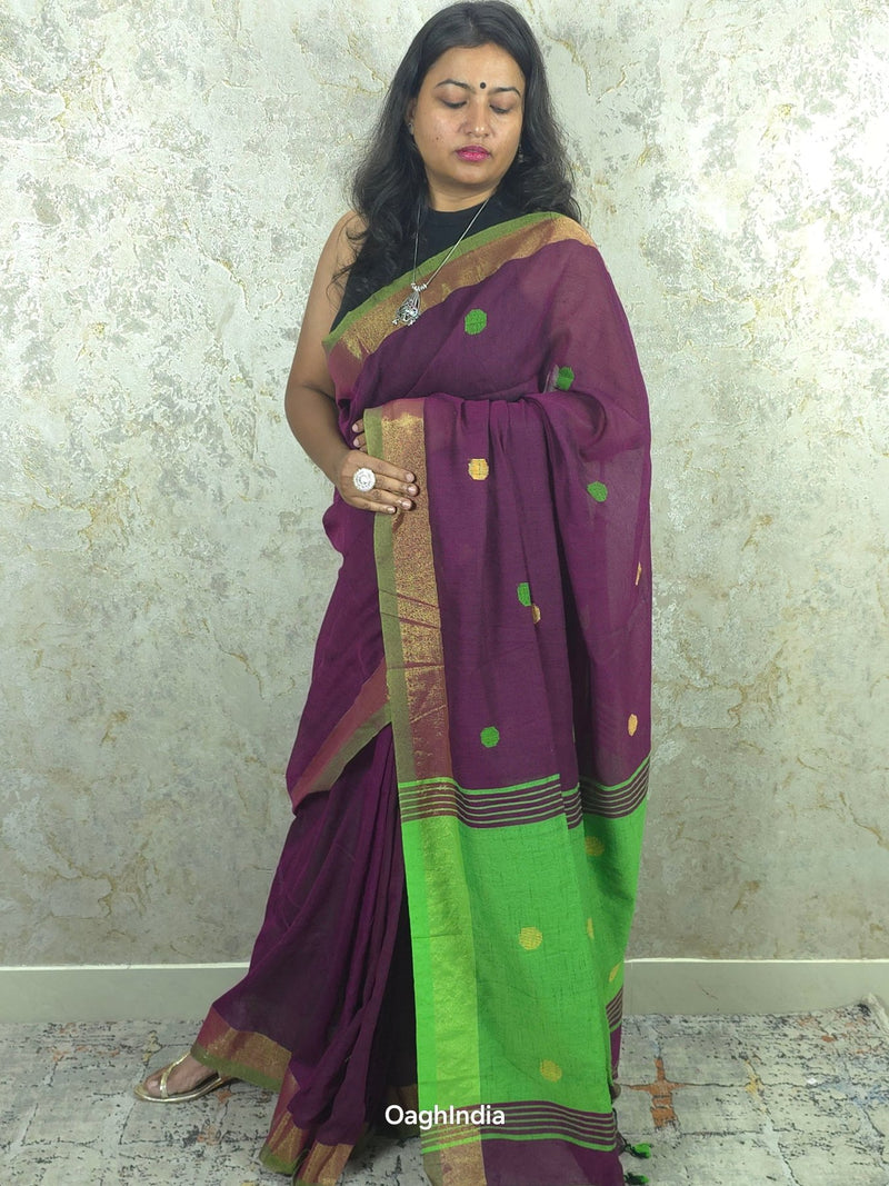 Candy : Beautiful handloom Maroon Cotton saree with Green Pallu