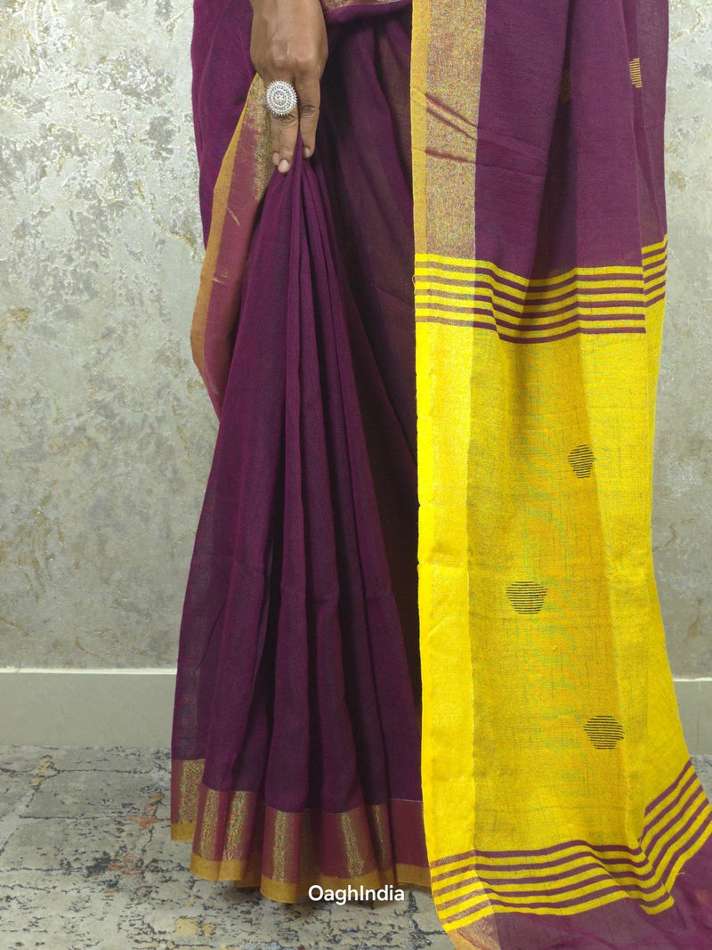 Candy : Beautiful handloom Maroon Cotton saree with Yellow Pallu