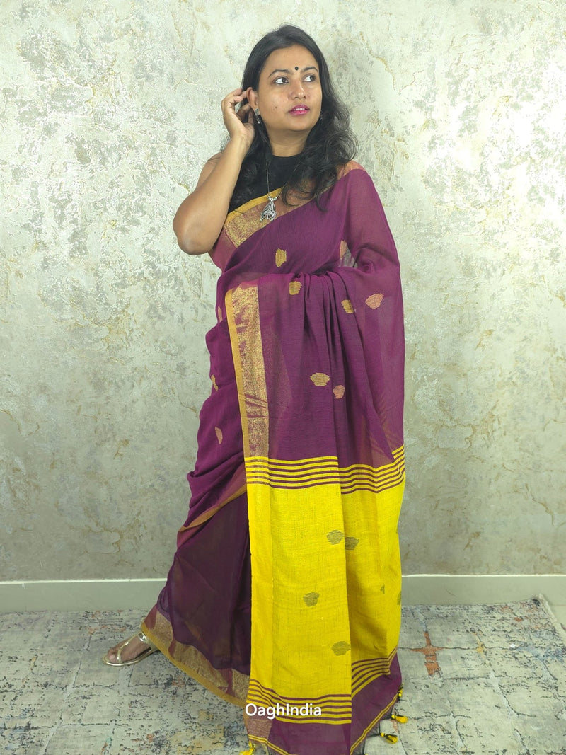 Candy : Beautiful handloom Maroon Cotton saree with Yellow Pallu