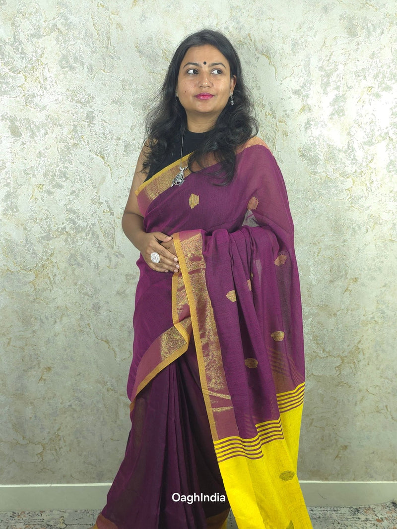 Candy : Beautiful handloom Maroon Cotton saree with Yellow Pallu