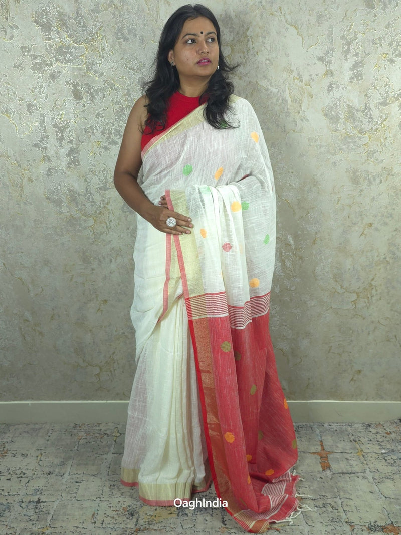 Candy : Beautiful handloom White Cotton saree with Red Pallu