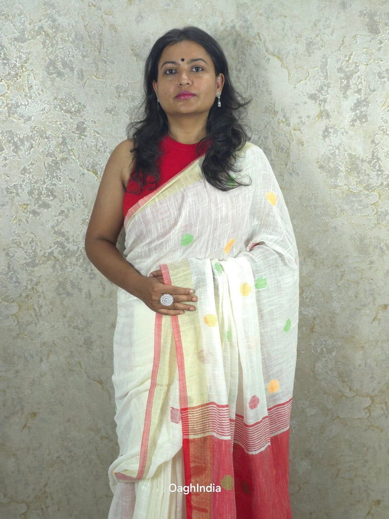 Candy : Beautiful handloom White Cotton saree with Red Pallu