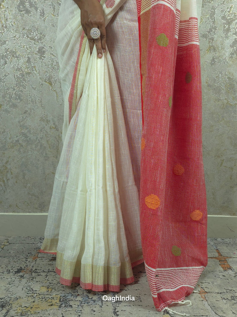 Candy : Beautiful handloom White Cotton saree with Red Pallu