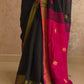 Candy : Beautiful Midnight Black Cotton saree with Rani Pink Pallu and Embroidered balls - Oagh India