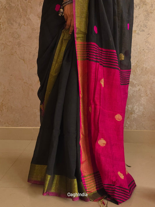 Candy : Beautiful Midnight Black Cotton saree with Rani Pink Pallu and Embroidered balls - Oagh India