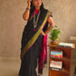 Candy : Beautiful Midnight Black Cotton saree with Rani Pink Pallu and Embroidered balls - Oagh India