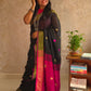 Candy : Beautiful Midnight Black Cotton saree with Rani Pink Pallu and Embroidered balls - Oagh India