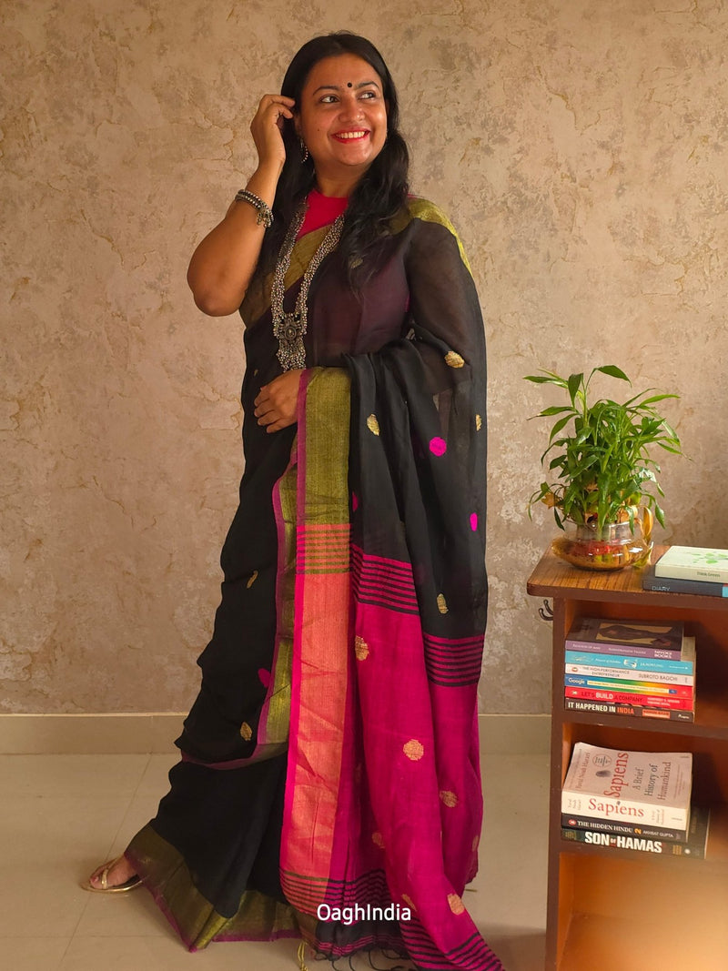 Candy : Beautiful Midnight Black Cotton saree with Rani Pink Pallu and Embroidered balls - Oagh India