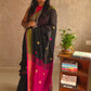 Candy : Beautiful Midnight Black Cotton saree with Rani Pink Pallu and Embroidered balls - Oagh India