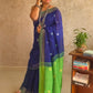 Candy : Beautiful Navy Blue Cotton saree with Green Pallu and Embroidered balls - Oagh India