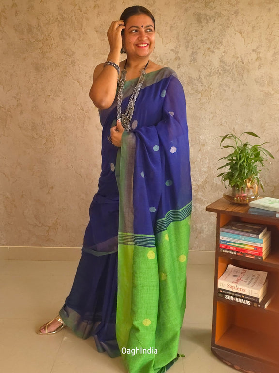 Candy : Beautiful Navy Blue Cotton saree with Green Pallu and Embroidered balls - Oagh India