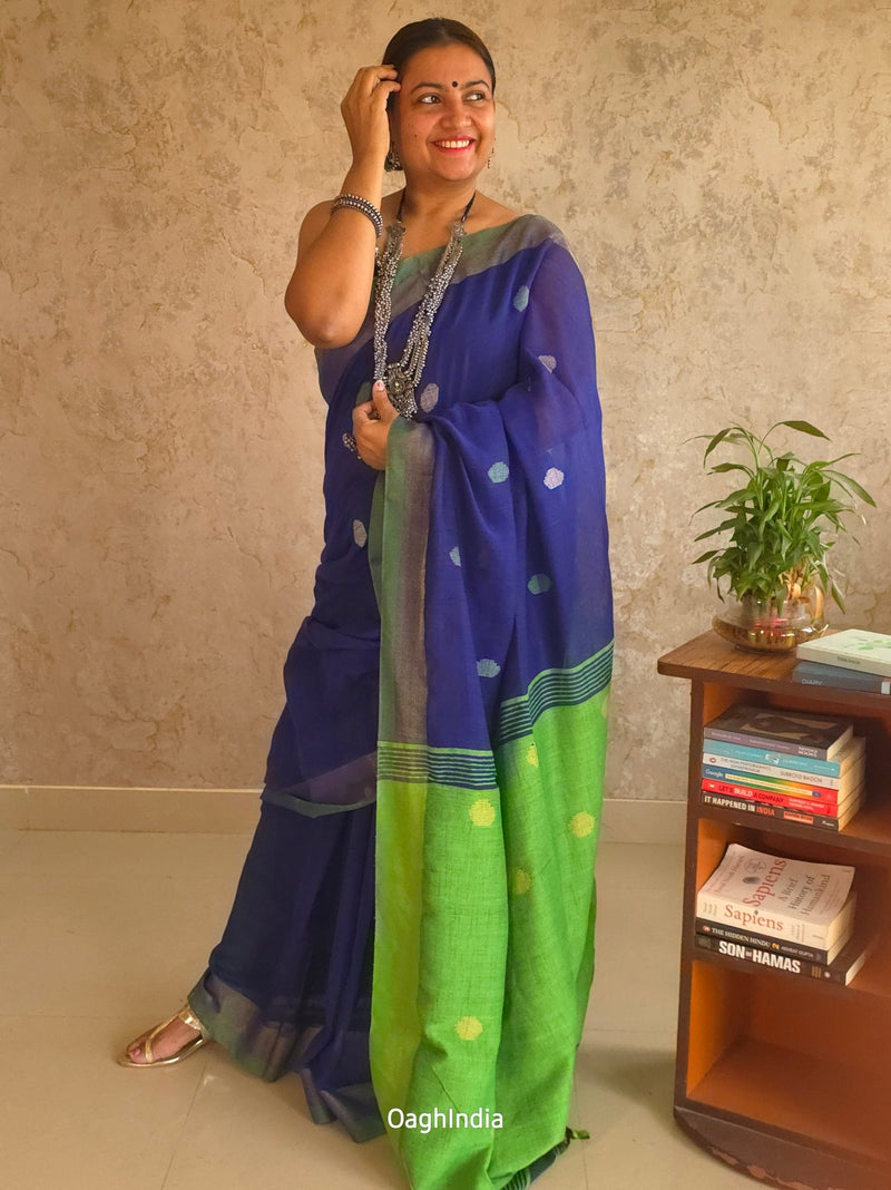 Candy : Beautiful Navy Blue Cotton saree with Green Pallu and Embroidered balls - Oagh India
