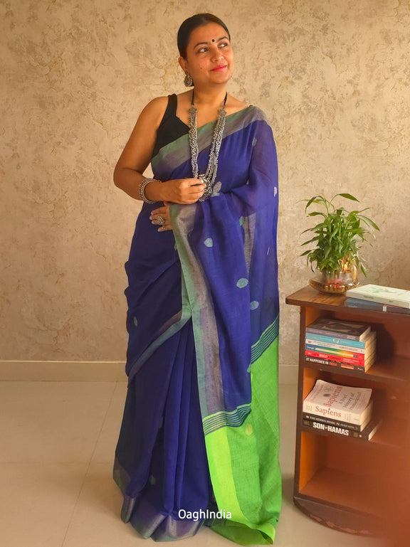 Candy : Beautiful Navy Blue Cotton saree with Green Pallu and Embroidered balls - Oagh India