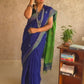 Candy : Beautiful Navy Blue Cotton saree with Green Pallu and Embroidered balls - Oagh India