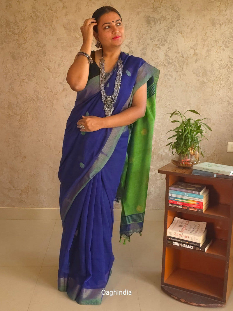 Candy : Beautiful Navy Blue Cotton saree with Green Pallu and Embroidered balls - Oagh India