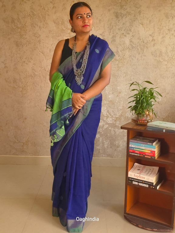 Candy : Beautiful Navy Blue Cotton saree with Green Pallu and Embroidered balls - Oagh India