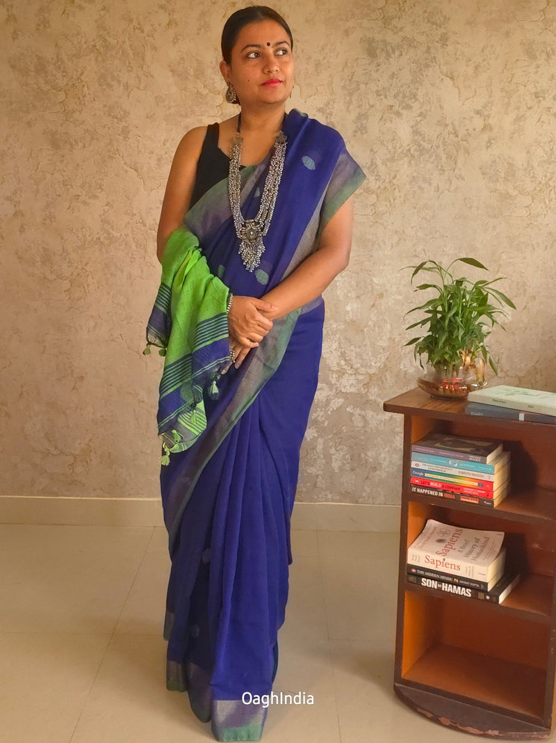 Candy : Beautiful Navy Blue Cotton saree with Green Pallu and Embroidered balls - Oagh India