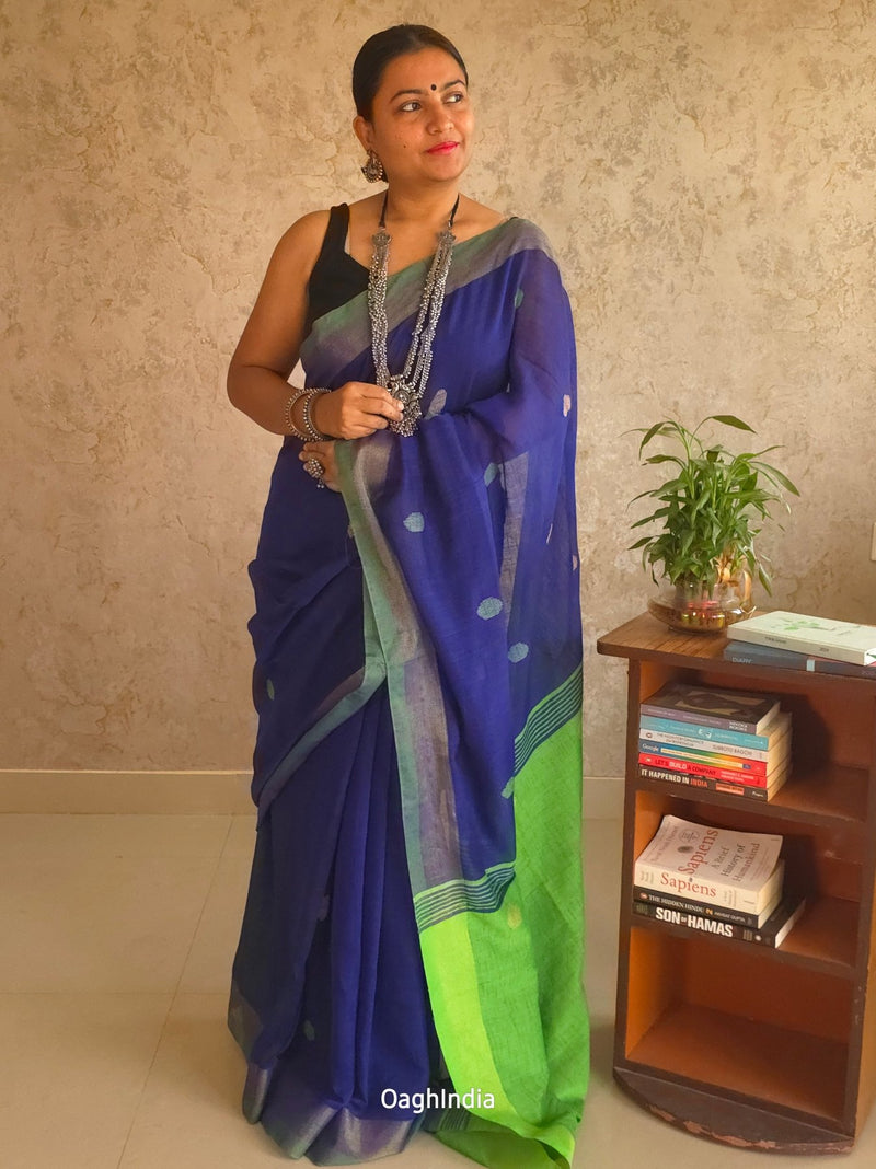 Candy : Beautiful Navy Blue Cotton saree with Green Pallu and Embroidered balls - Oagh India