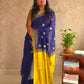 Candy : Beautiful Navy Blue Cotton saree with Lemon yellow Pallu and Embroidered balls - Oagh India