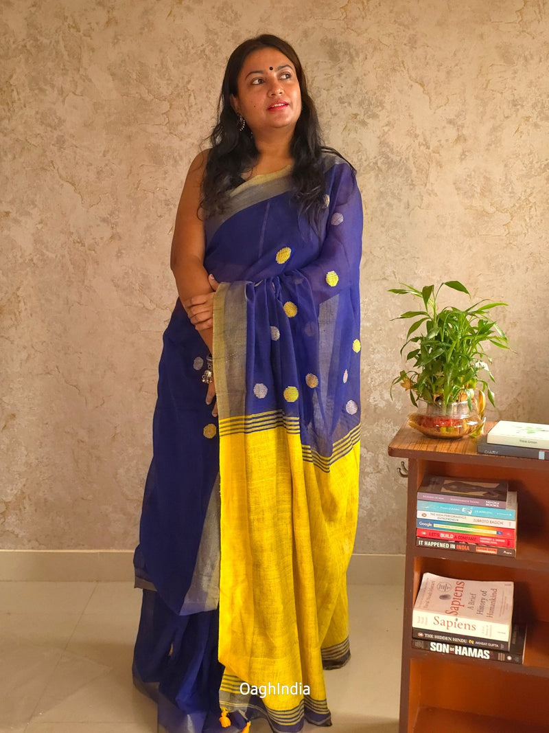 Candy : Beautiful Navy Blue Cotton saree with Lemon yellow Pallu and Embroidered balls - Oagh India
