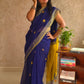 Candy : Beautiful Navy Blue Cotton saree with Lemon yellow Pallu and Embroidered balls - Oagh India