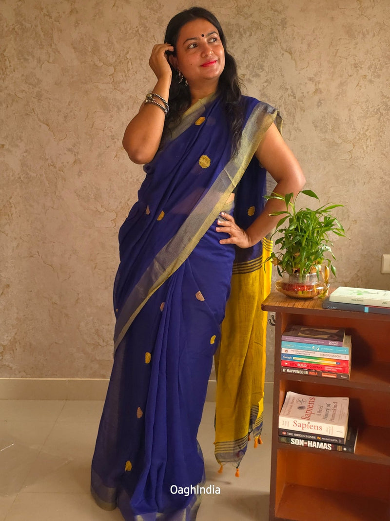 Candy : Beautiful Navy Blue Cotton saree with Lemon yellow Pallu and Embroidered balls - Oagh India