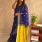 Candy : Beautiful Navy Blue Cotton saree with Lemon yellow Pallu and Embroidered balls - Oagh India