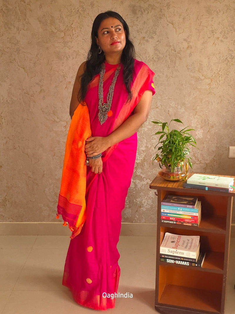 Candy - Pure Pink and Orange dual tone Cotton Saree