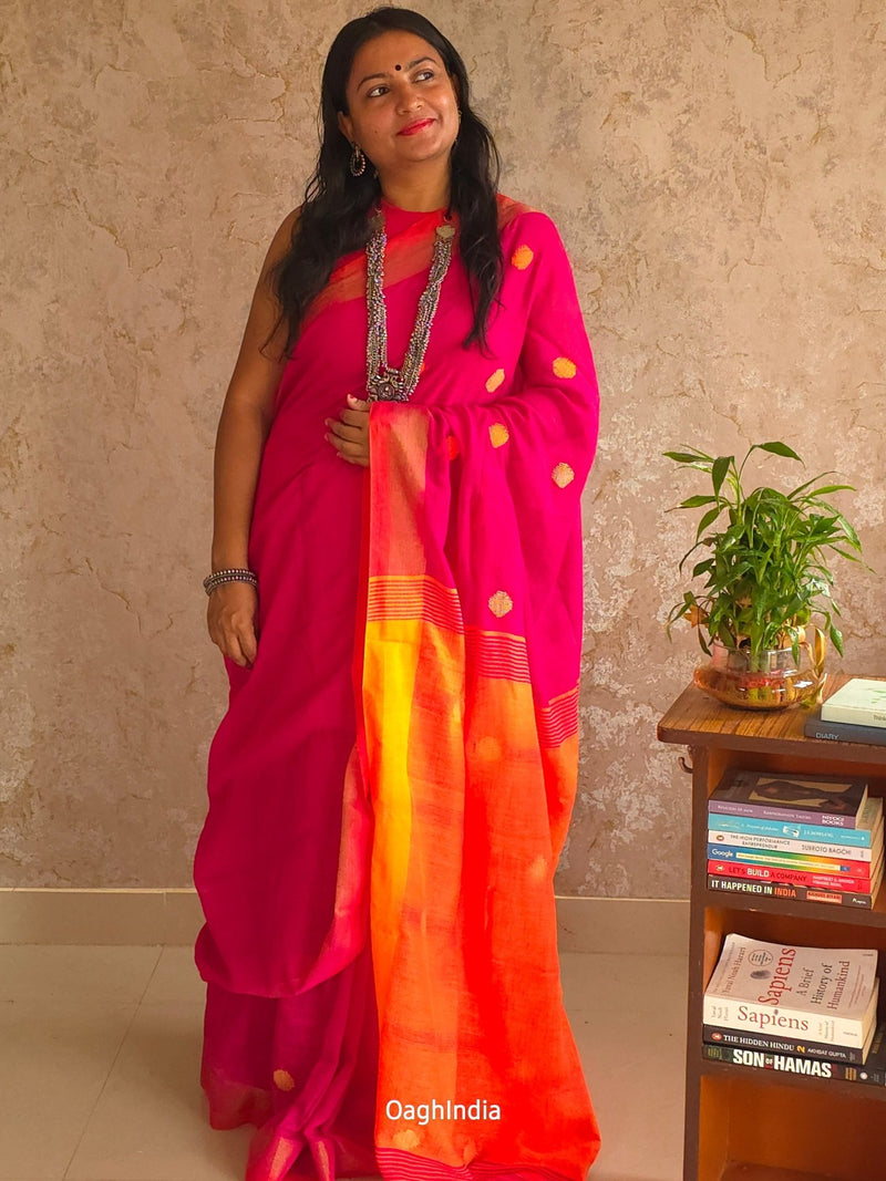 Candy - Pure Pink and Orange dual tone Cotton Saree