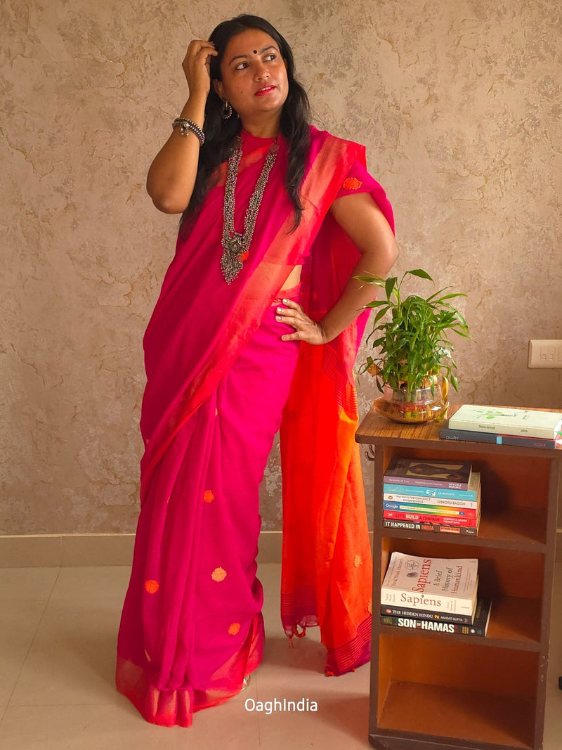 Candy - Pure Pink and Orange dual tone Cotton Saree