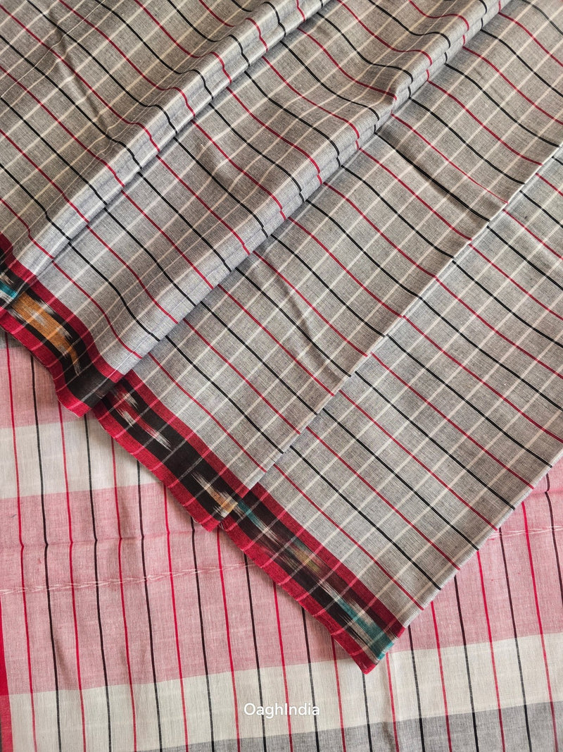 Dark Grey Checks : Pure Cotton Handloom Saree - Oagh India
