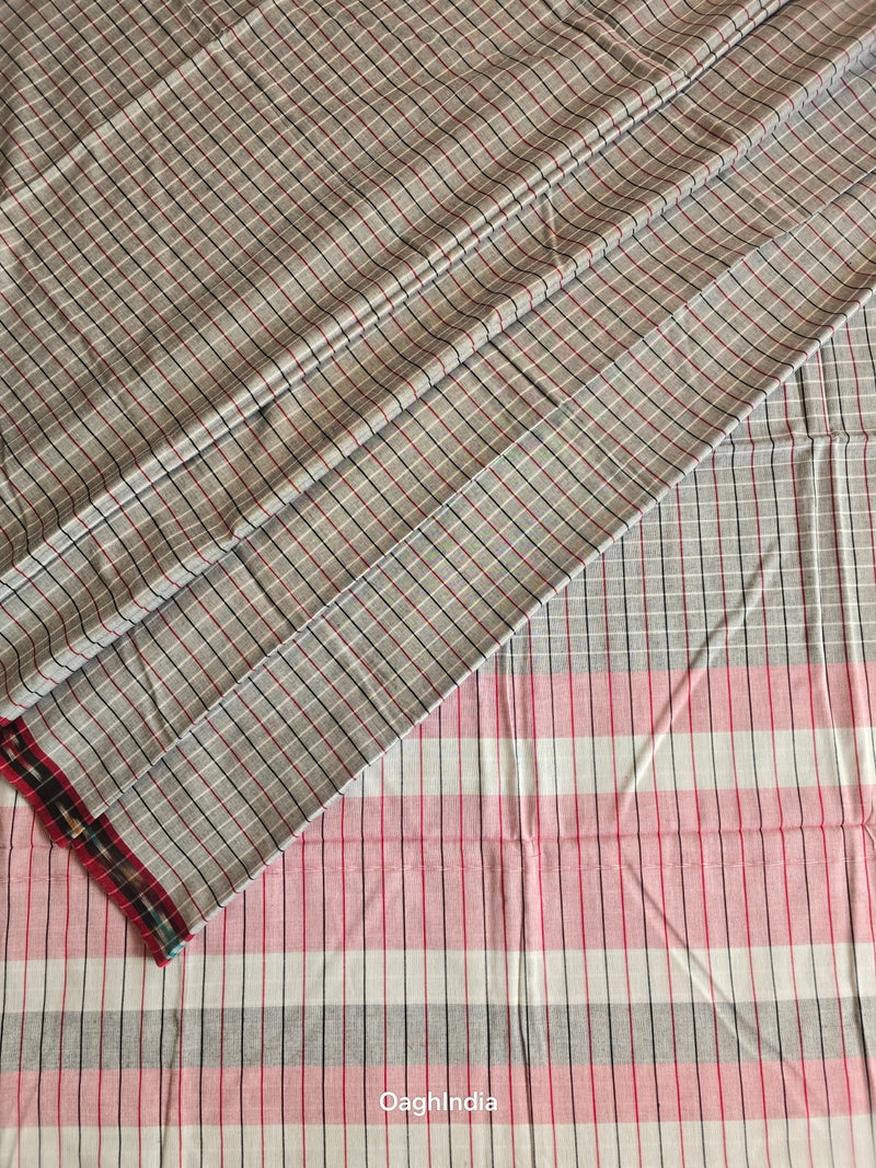 Dark Grey Checks : Pure Cotton Handloom Saree - Oagh India