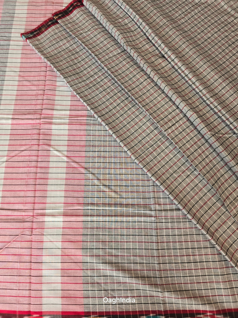 Dark Grey Checks : Pure Cotton Handloom Saree - Oagh India