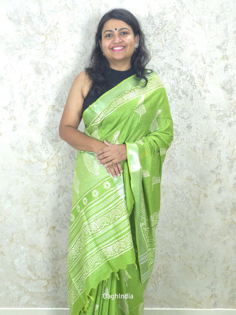 Forest  : Bagru Handblocked Linen Cotton Saree