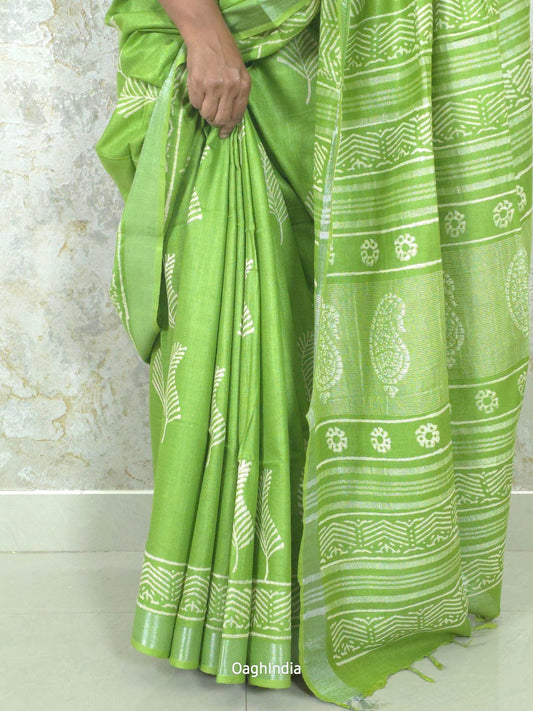 Forest  : Bagru Handblocked Linen Cotton Saree